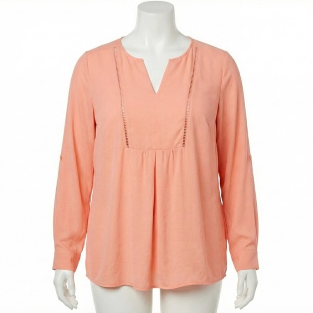 Lane Bryant Peach Split Neck Pleated Ladder Stitch Roll Tab Sleeve Blouse 22/24‎